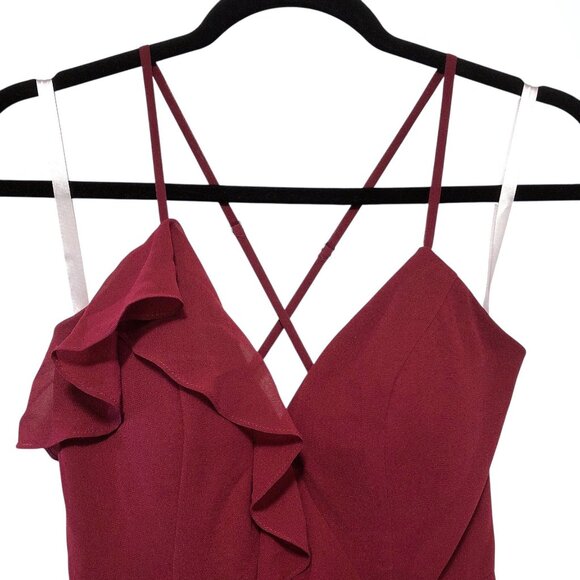 Revelry Solid Red Wine Ruffle V-neck Criss-cross Back Side Slit Formal Dress 0 - Picture 4 of 8